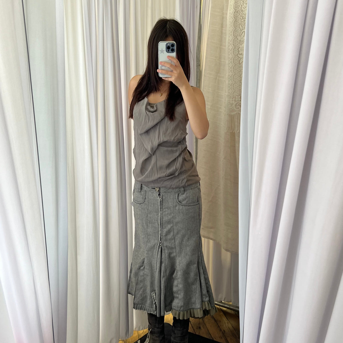 DDP Grey Khaki Ruffle Flared Mermaid Hem Midi Skirt