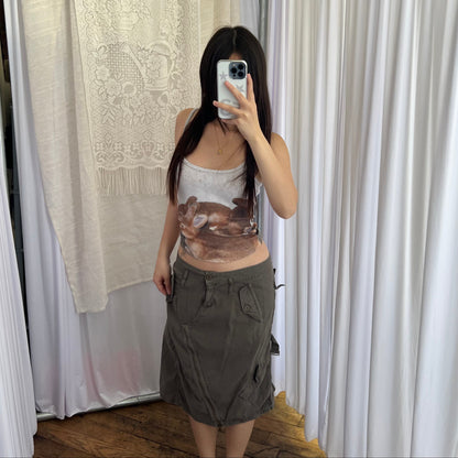 Ab/Soul Khaki Brown Asymmetric Zip Puff Hem Utility Midi Skirt