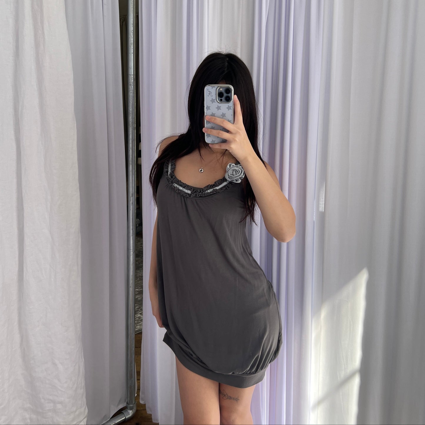 Promod Grey Romantic Balletcore Gathered Bubble Hem Ice Blue Rosette Tunic Dress