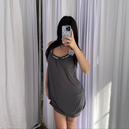 Promod Grey Romantic Balletcore Gathered Bubble Hem Ice Blue Rosette Tunic Dress