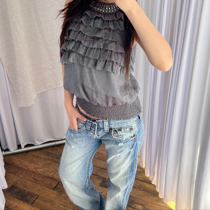 Dark Green Grey Ruffle Beaded Collar Halterneck Open Back Sleeveless Tunic Blouse