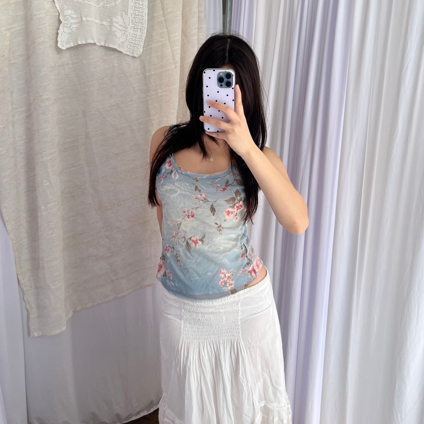 Promod Blue Gradient Floral Fishnet Mesh Vest Top