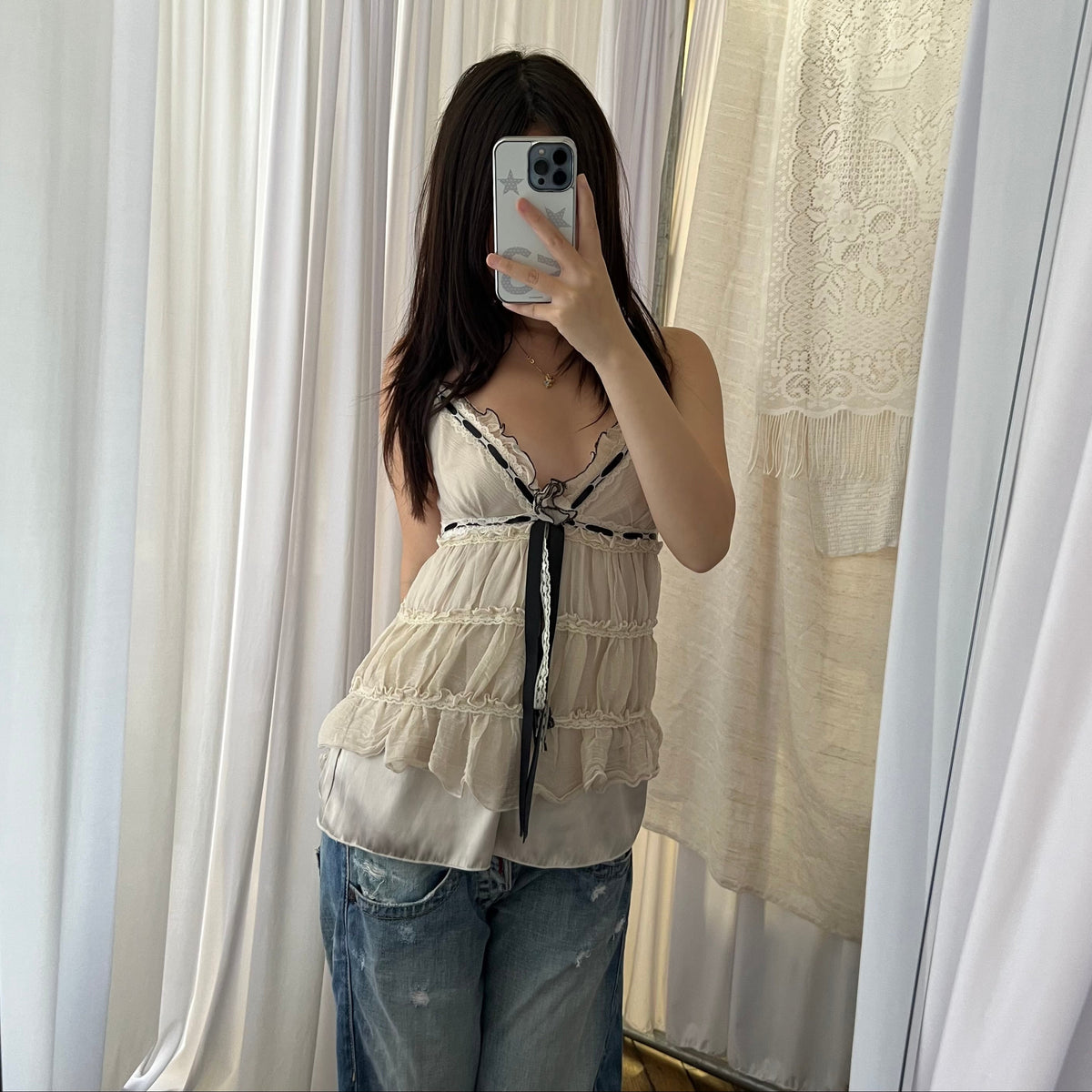 Lm Lulu Fairy Silk Beige Lace Ruffle Tiered Babydoll Camisole