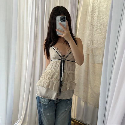 Lm Lulu Fairy Silk Beige Lace Ruffle Tiered Babydoll Camisole