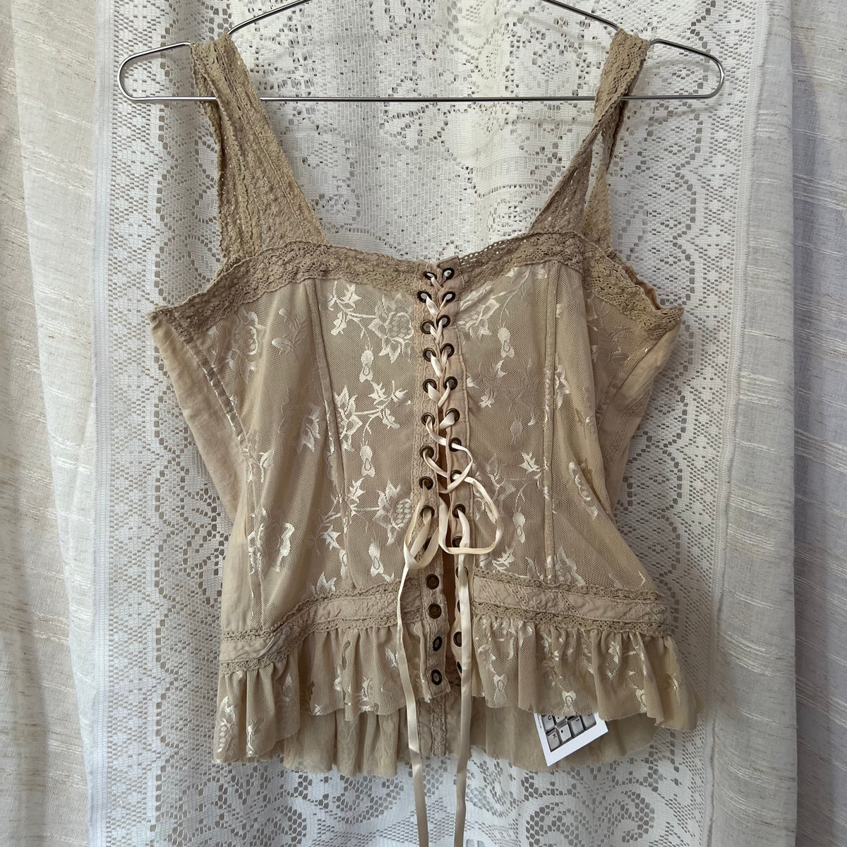 Silvian Heach Beige Embroidery Lace Romantic Ruffle Lace Up Trim Corset Top