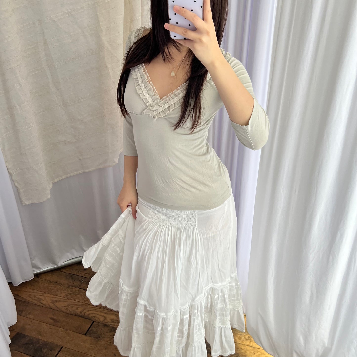Keeps Greige Mesh 3/4 Sleeve Ruffle Lace Collar Fitted Top