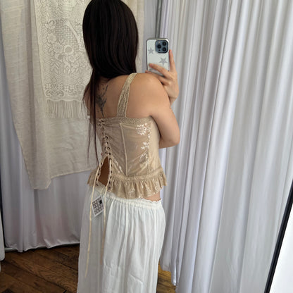 Silvian Heach Beige Embroidery Lace Romantic Ruffle Lace Up Trim Corset Top