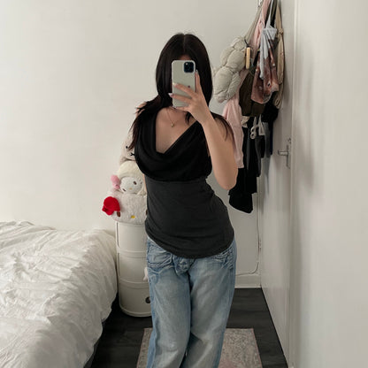 fornarina black teal draped striped sleeveless top