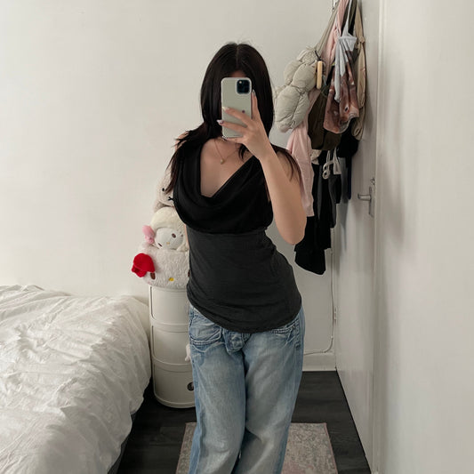 fornarina black teal draped striped sleeveless top
