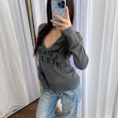 Faded Grey Dolce & Gabanna Wool Blend V Neck Graphic Knit Pullover Sweater