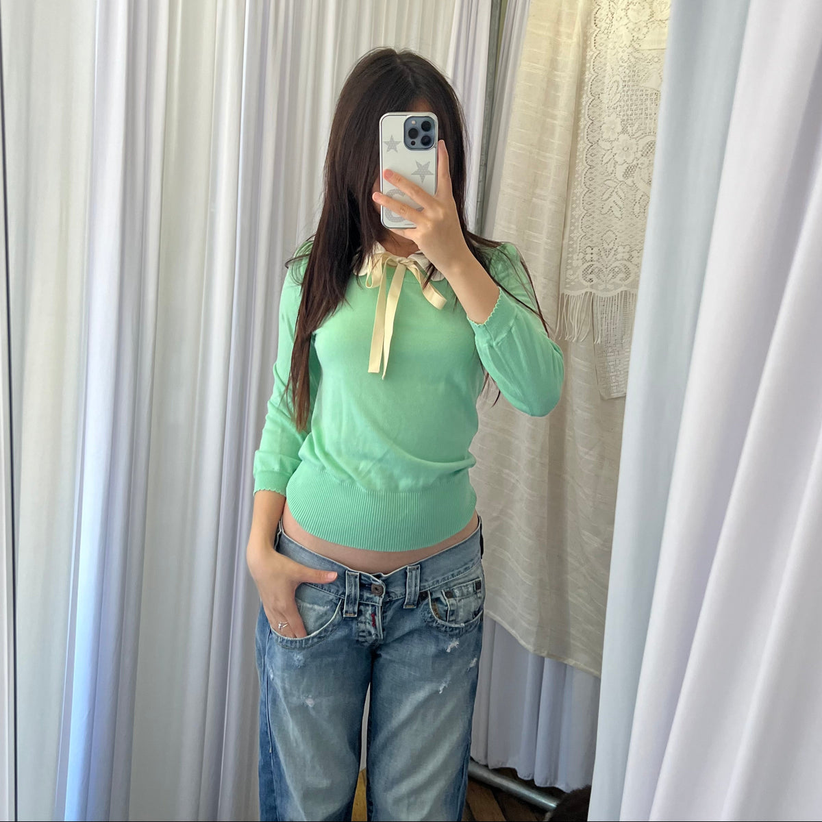 Cynthia Rowley Mint Green Scallop Collar Ribbon Knit Top