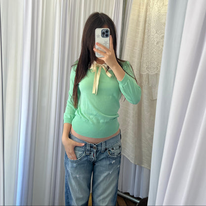Cynthia Rowley Mint Green Scallop Collar Ribbon Knit Top