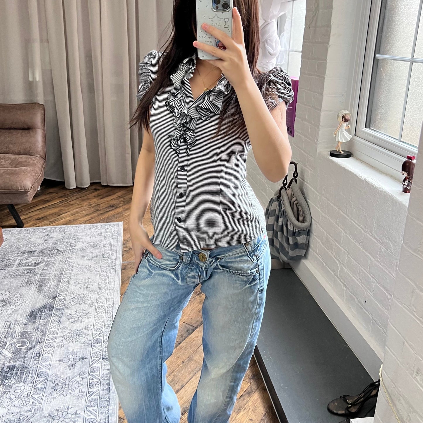 naracamicie black academia preppy ruffle striped puff sleeve collared polo style shirt