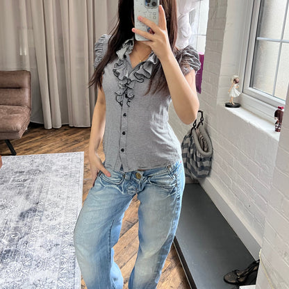 naracamicie black academia preppy ruffle striped puff sleeve collared polo style shirt