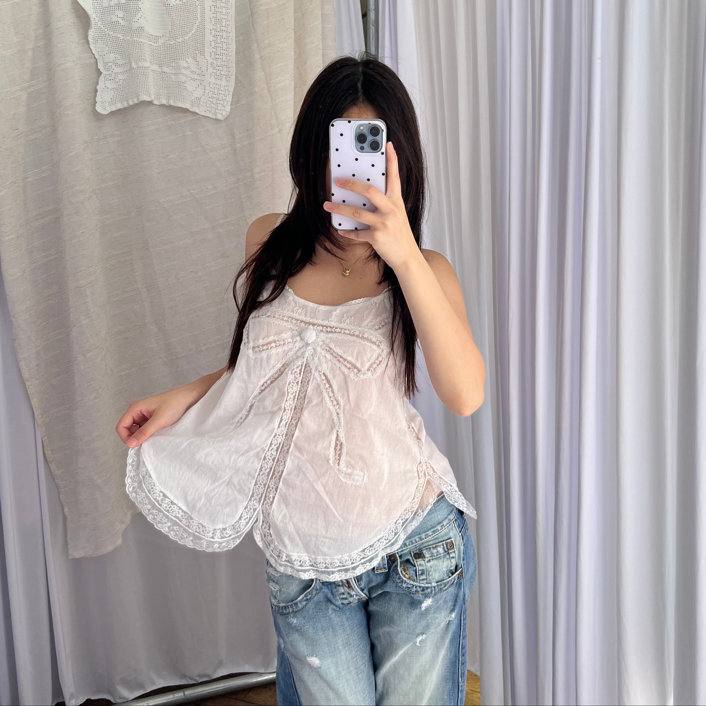 Vintage Sacks White Lace Ribbon Babydoll Camisole