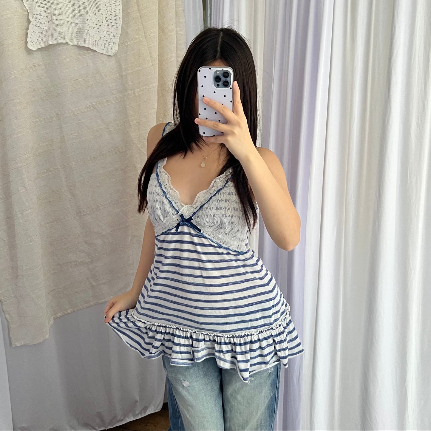 Morgan De Toi Lacey Blue White Striped Ruffle Hem Camisole