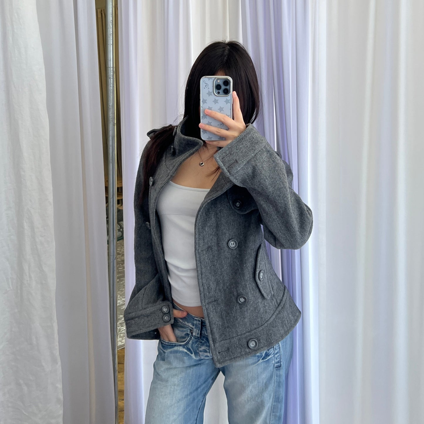 Vintage Speccio Grey Double Breasted Funnel Neck Button Accent Pea Coat