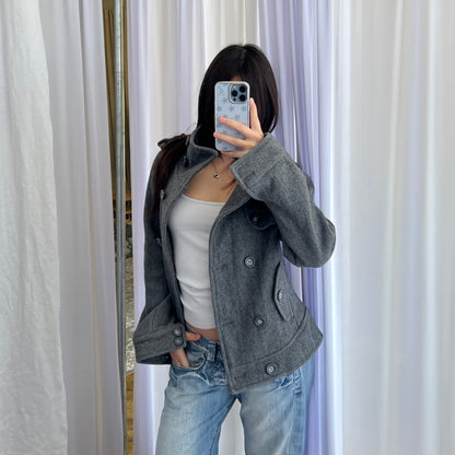 Vintage Speccio Grey Double Breasted Funnel Neck Button Accent Pea Coat