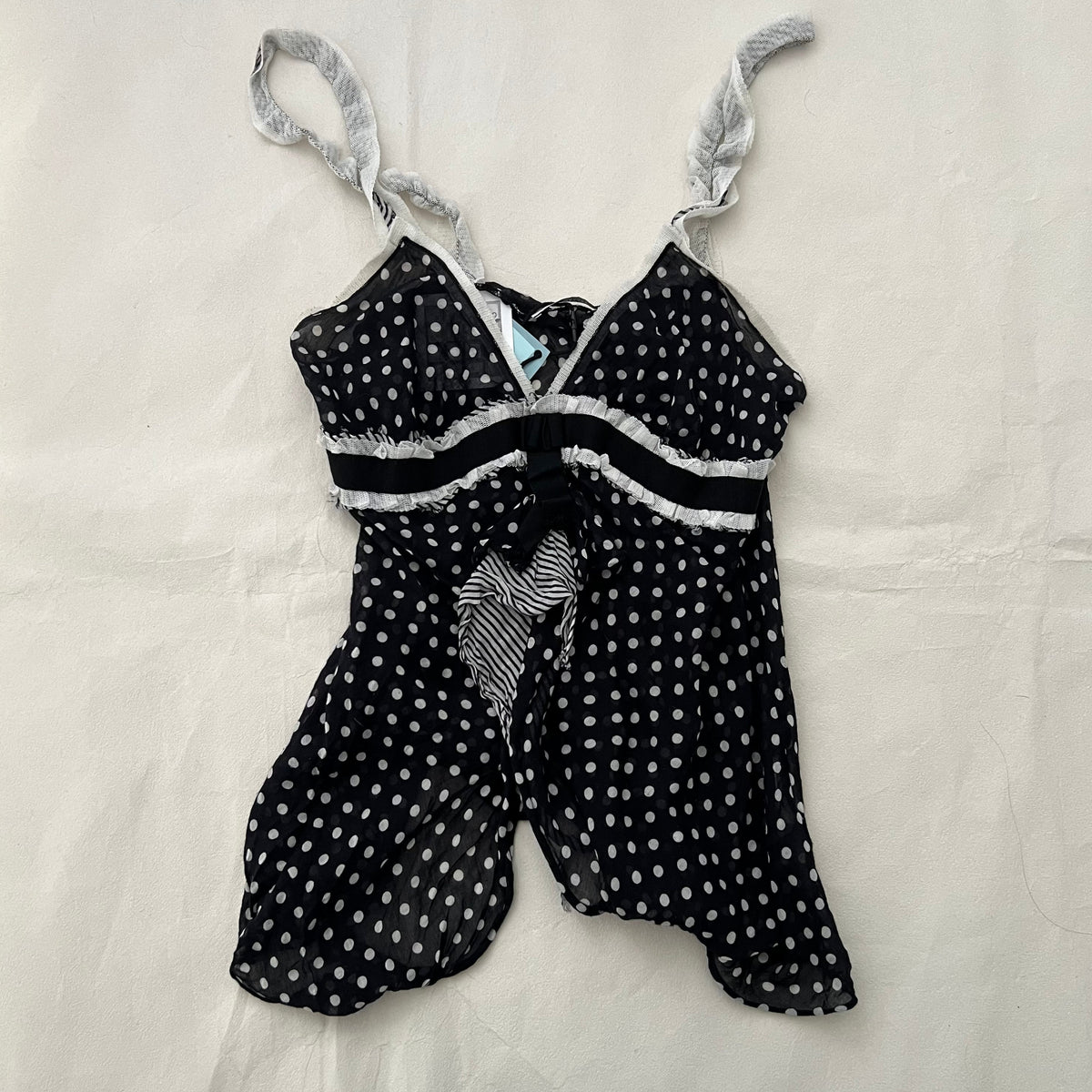 Xanaka Black White Polka Dot Ruffle Silk Blend Camisole