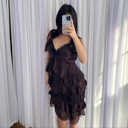 King Kong Romantic Brown Silk Ruffle Tiered Black Lace Midi Dress