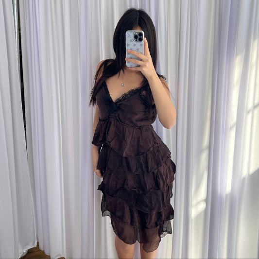 King Kong Romantic Brown Silk Ruffle Tiered Black Lace Midi Dress