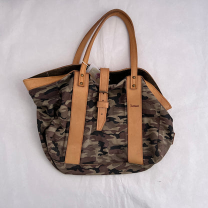 Vintage Harry Hanny Handmade Tan Brown Leather Camo Print Tote Bag