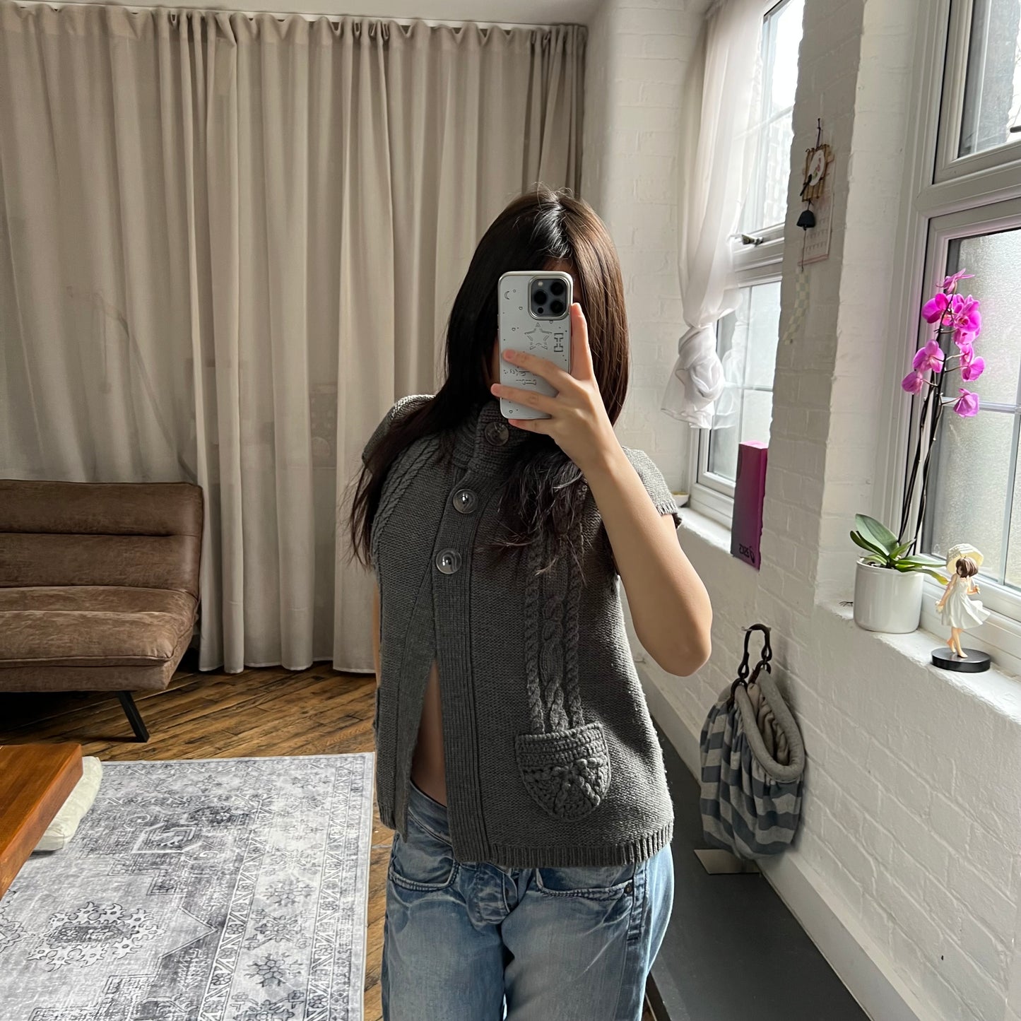 camieu dark green cable knit preppy puff sleeve high neck big button knit cardigan