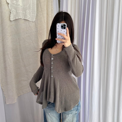Taupe Fleur De Sel Button Flared Hem Long Sleeve Top