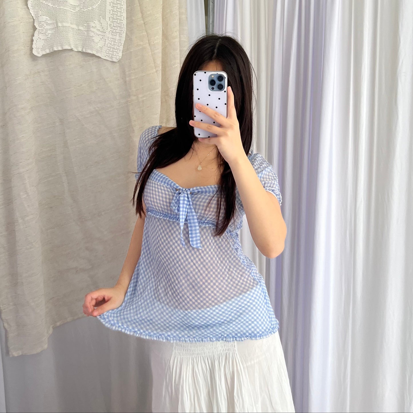 Spring Blue Check Me&Me Couture Gingham Puff Sleeve Ruched Babydoll Blouse