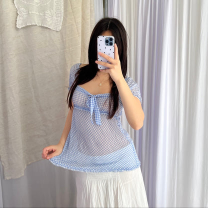 Spring Blue Check Me&Me Couture Gingham Puff Sleeve Ruched Babydoll Blouse