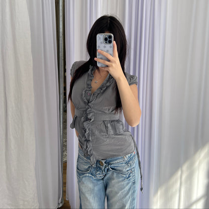 Grey Naf Naf Ruffle Cap Sleeve Fitted Tunic Blouse