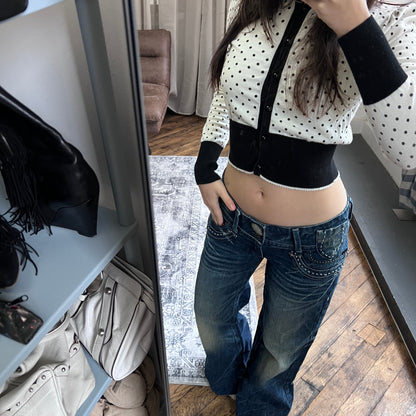 red pepper medium wash denim low mid rise distressed star wide leg trousers