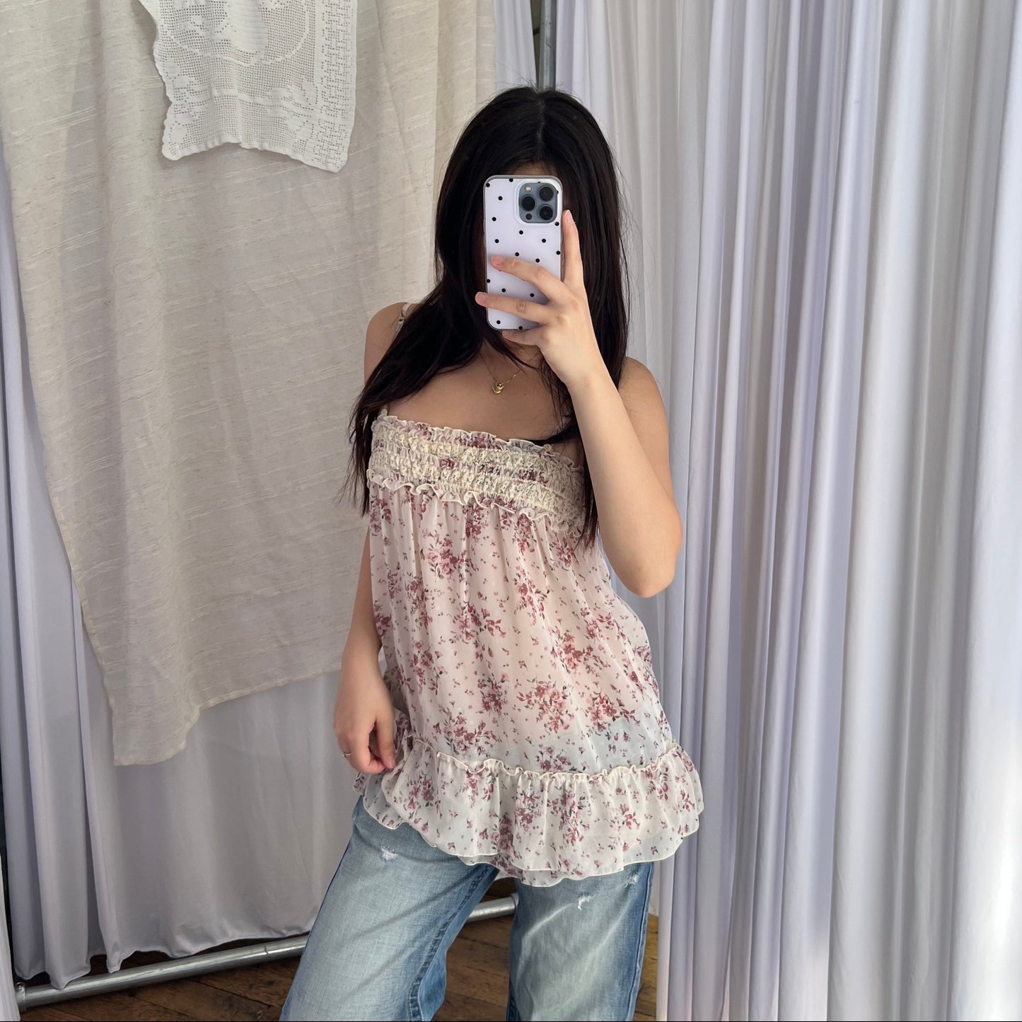 L'est Rose Floral Sheer Ruched Bust Babydoll Tunic Camisole Top