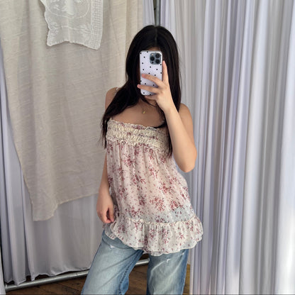 L'est Rose Floral Sheer Ruched Bust Babydoll Tunic Camisole Top