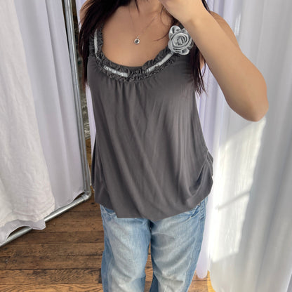 Promod Grey Romantic Balletcore Gathered Bubble Hem Ice Blue Rosette Tunic Dress