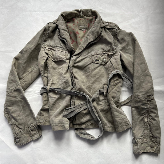 Diesel Khaki Beige Picot Lace Trim  Wrap Style Flared Utility Jacket