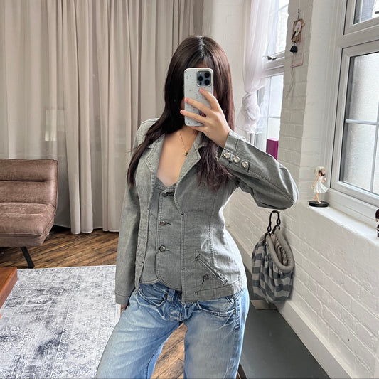 rouvaplas vintage grey corpcore collared layered vest long sleeve jacket top