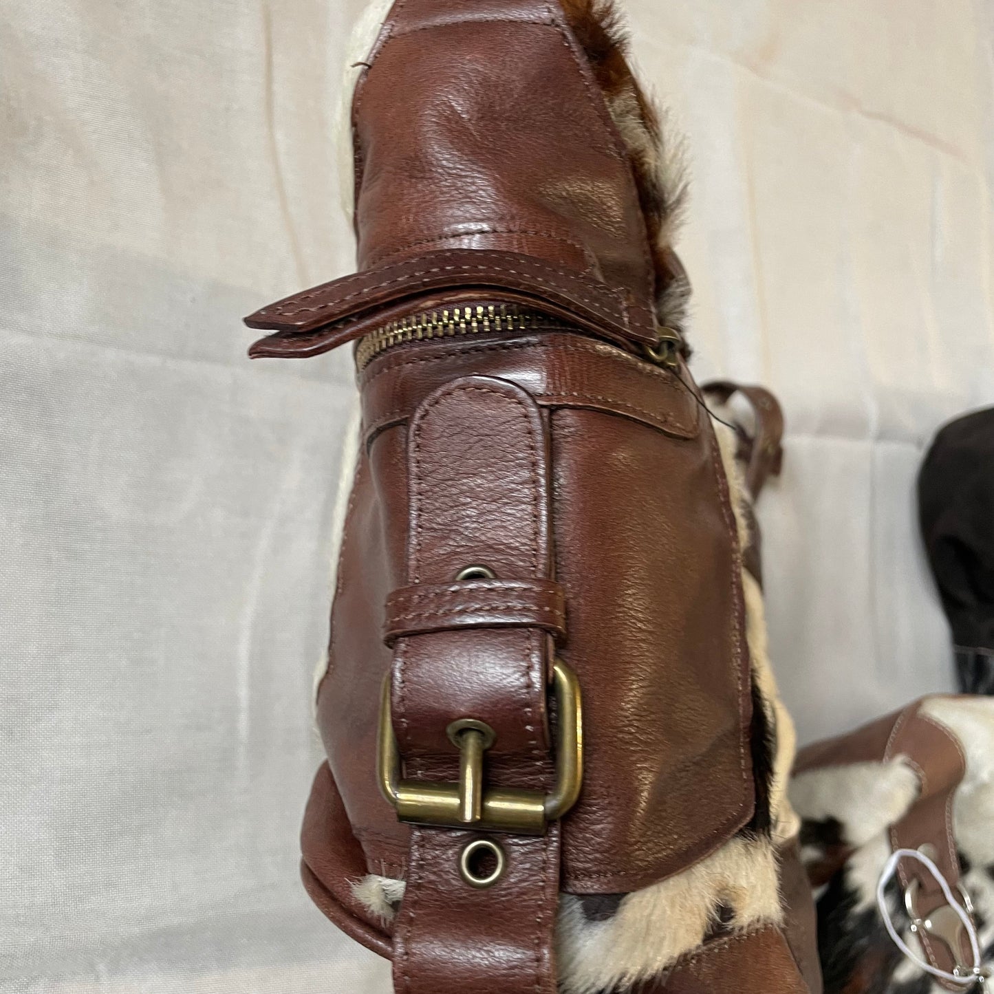 vintage oversized longobardi cow print pony hair x brown leather buckle bag