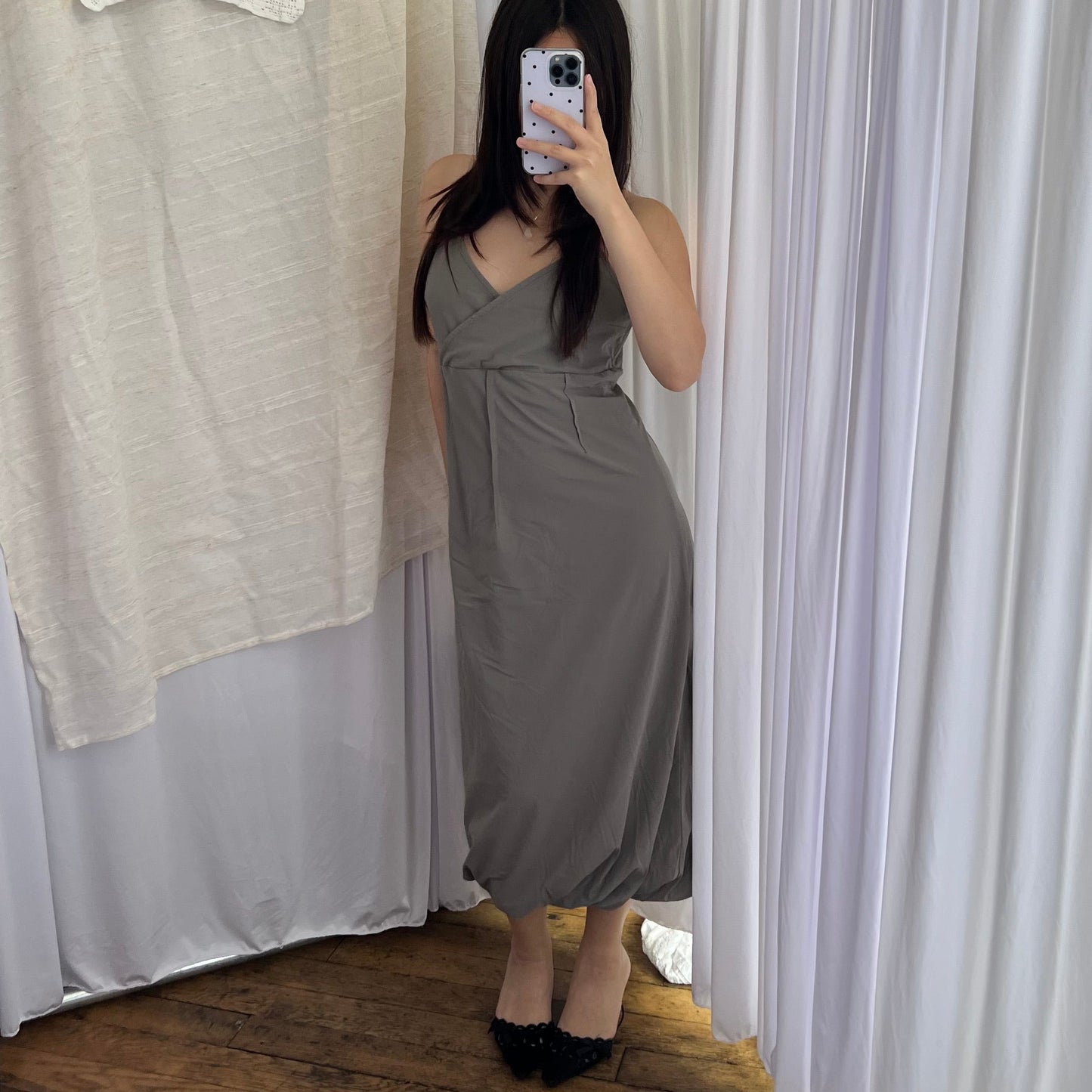 Sarah Pacini Khaki Grey Wrap Bust Balloon Hem Midi Dress