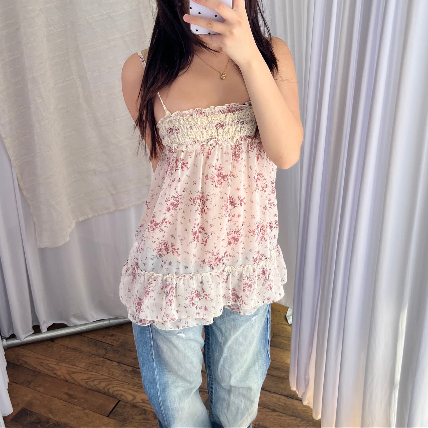 L'est Rose Floral Sheer Ruched Bust Babydoll Tunic Camisole Top