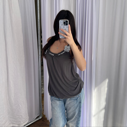 Promod Grey Romantic Balletcore Gathered Bubble Hem Ice Blue Rosette Tunic Dress