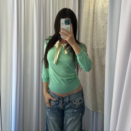 Cynthia Rowley Mint Green Scallop Collar Ribbon Knit Top