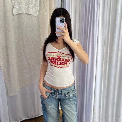 Western Blugirls Folies White Cap Sleeve Shirt With Yellow Red Print
