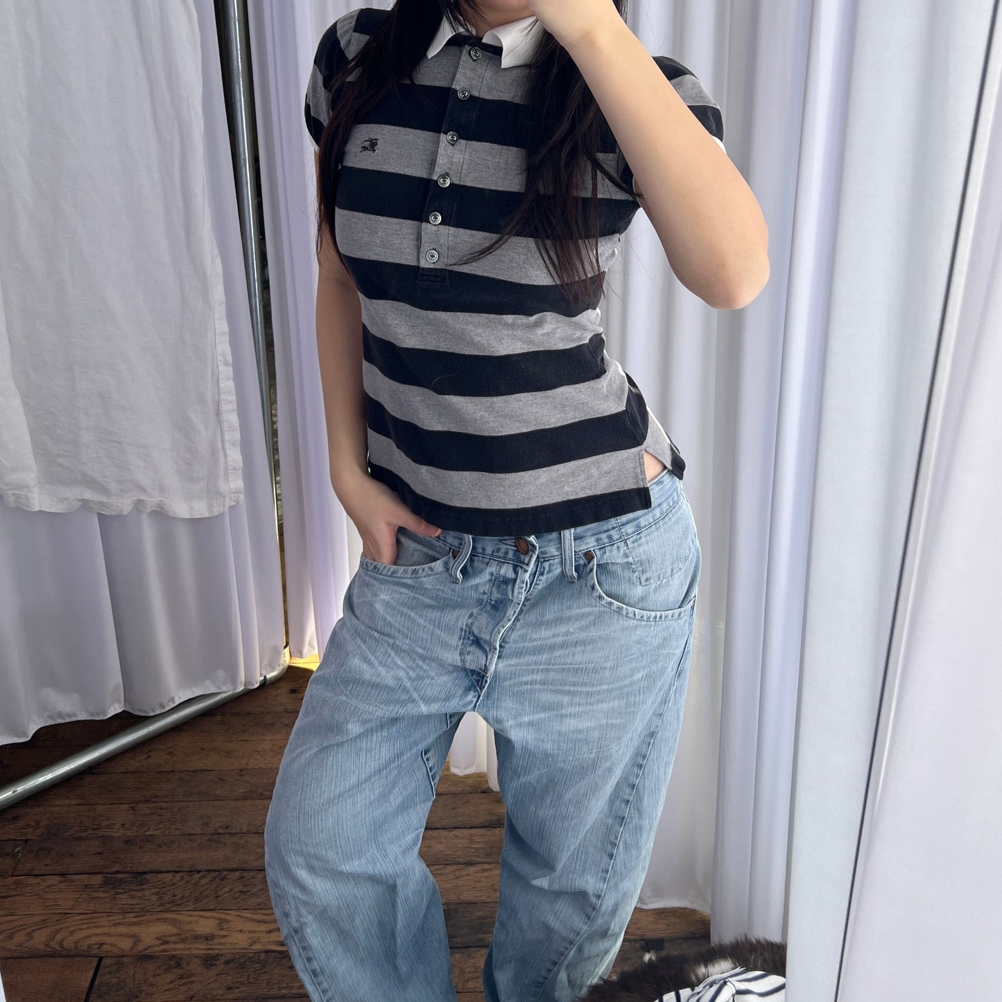 Burberry Blue Label Preppy Black Grey Striped Puff Sleeve Collared Polo Shirt