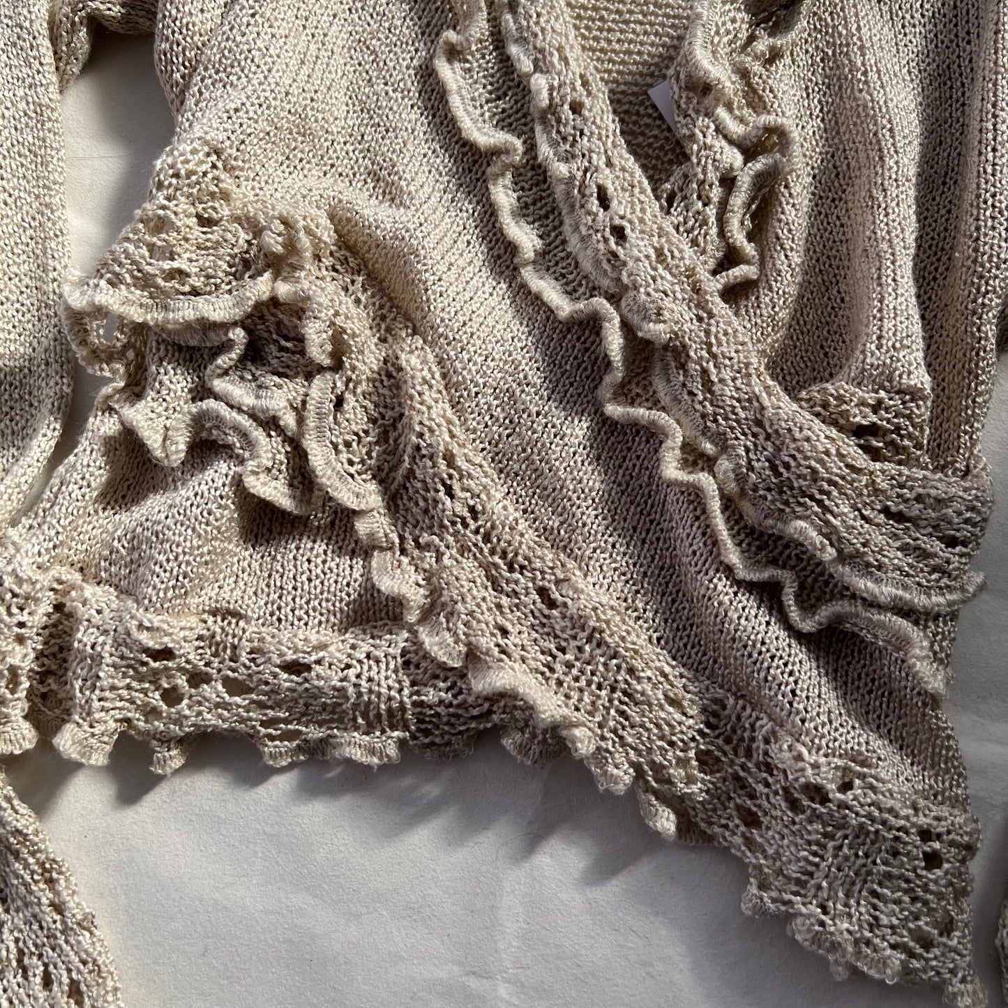 Vintage Beige Sharois Frilly Fine Lacey Knit Trim Wrap Style Knit Top