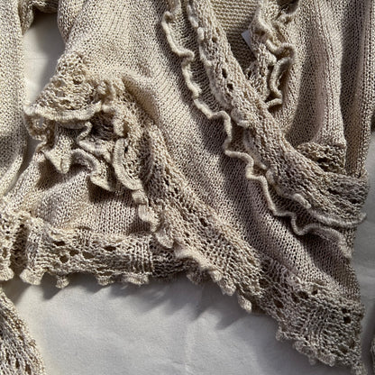 Vintage Beige Sharois Frilly Fine Lacey Knit Trim Wrap Style Knit Top