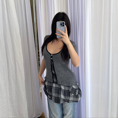 Cache Cache Grey Knit Puff Checkered Hem Tunic Dress