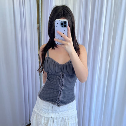 Rinascimento Dark Grey Purple Ruched Bust Fishnet Lace Up Camisole