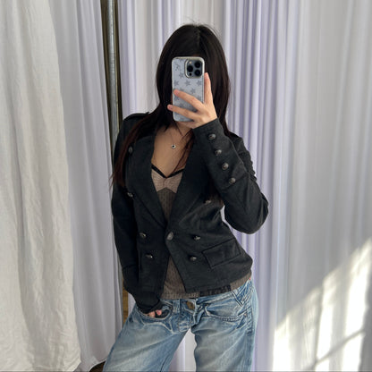 Naf Naf Dark Grey Corpcore Military Style Double Breasted Jacket