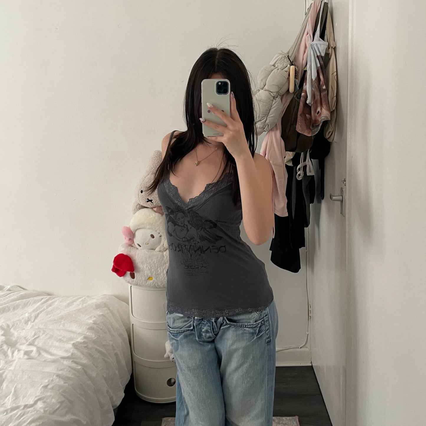 denny rose grunge sleaze cherub graphic print lacey trim camisole